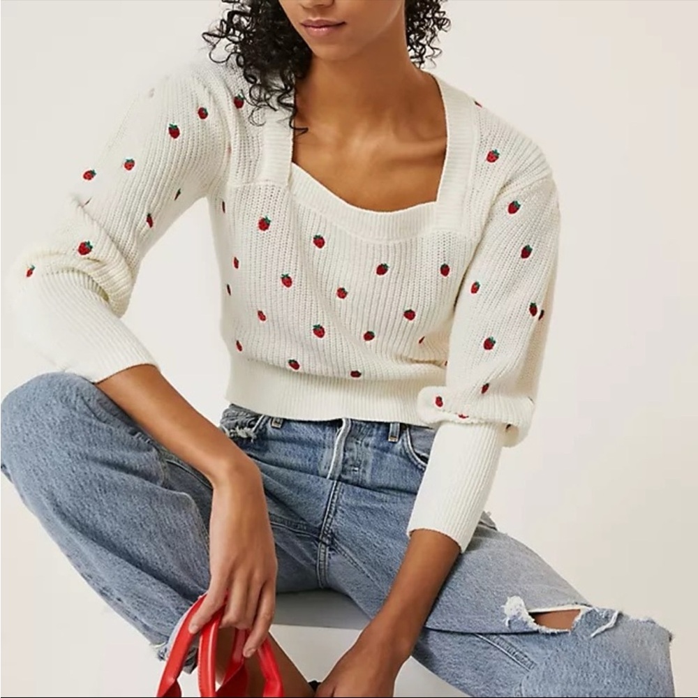 Anthropologie White Sweater with Red Strawberry Pattern Size 2X